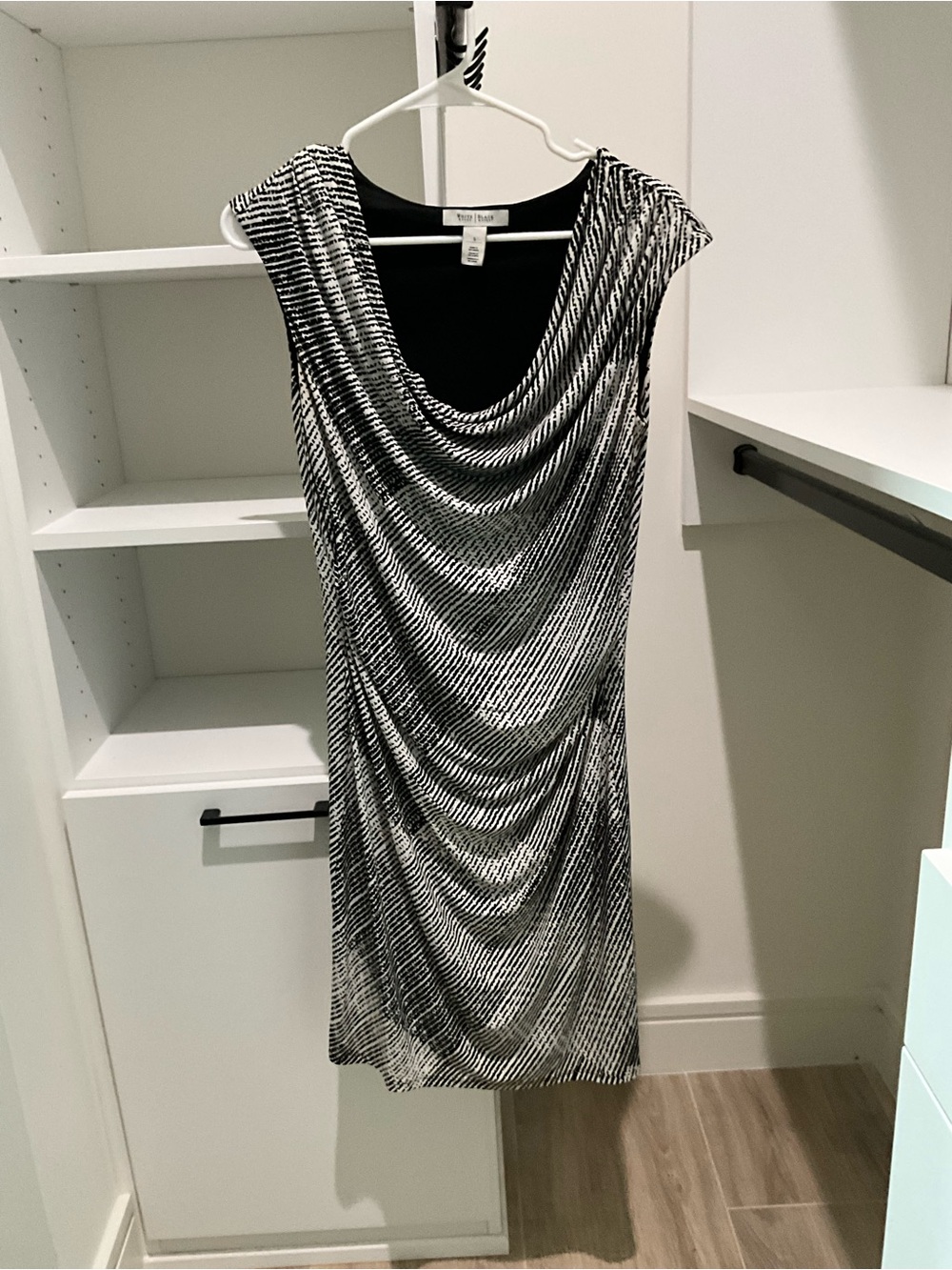 White House Black Market Black and White Draped Cowl Midi Dress